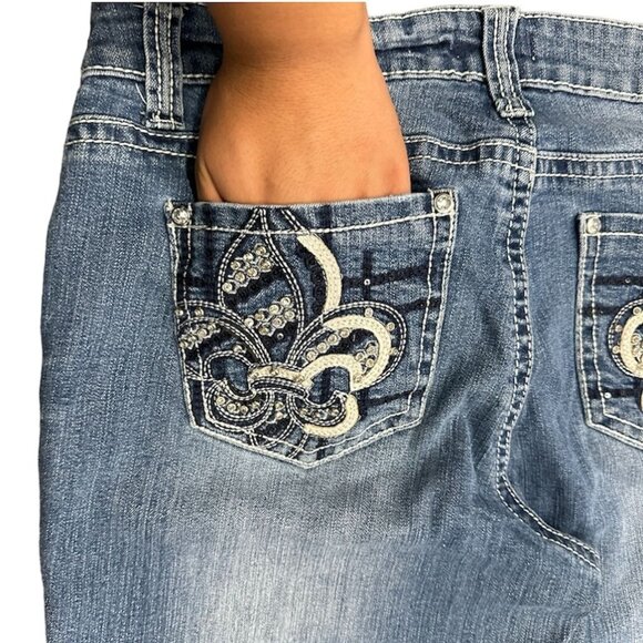 Soundgirl Jeans Juniors 17 Blue Bootcut Studs Bling Thick Stitch Fluer De Lis - Picture 12 of 16